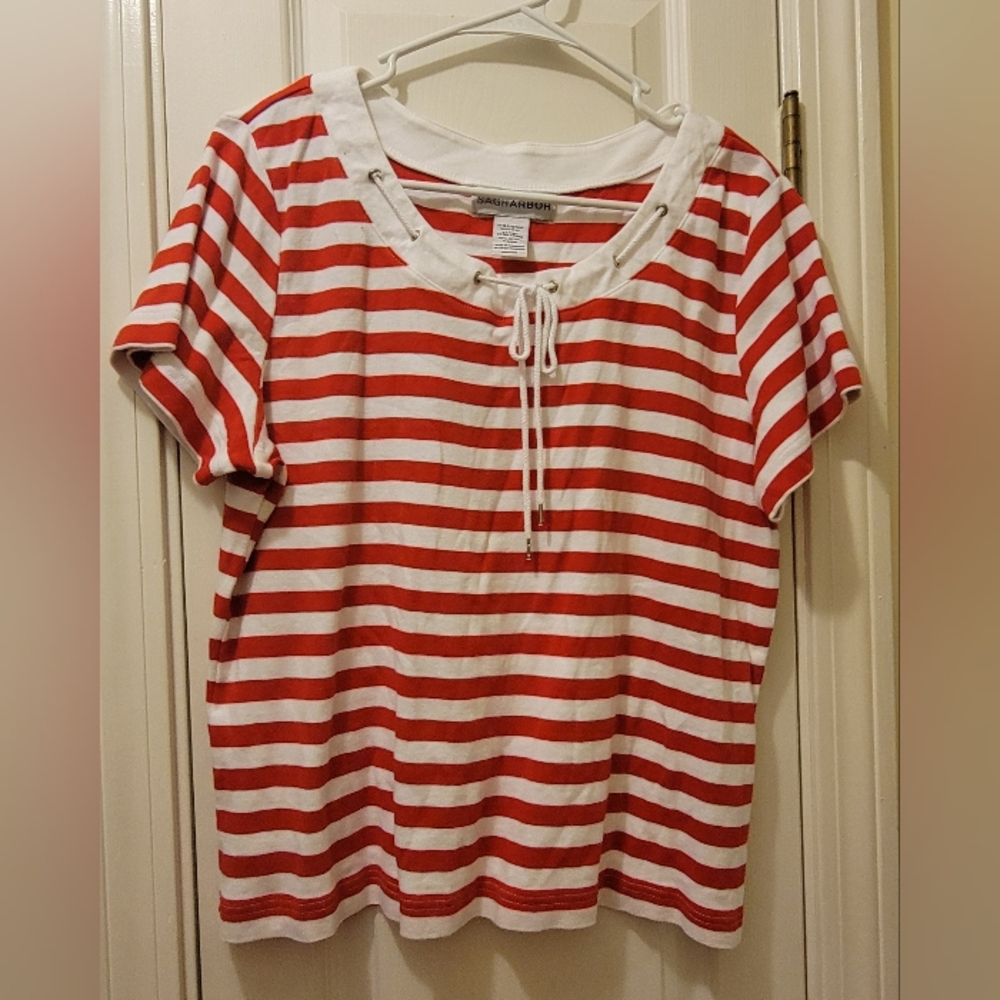 Sag Harbor Red and White Striped Short Sleeve Top